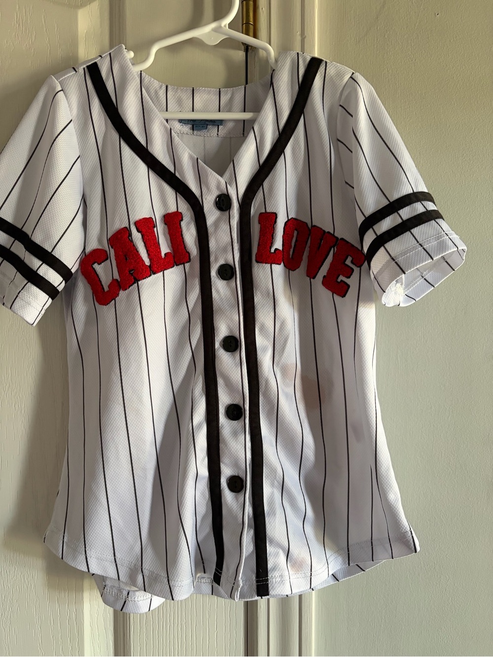 Girls CALI LOVE Pinstripe Baseball Jersey - White with Black & Red Size 7/8